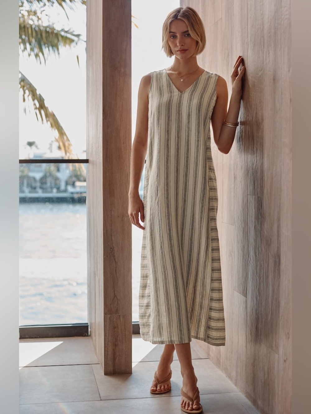 J. Jill Sleeveless Striped 100% Linen-Dress in Cream and Blue
